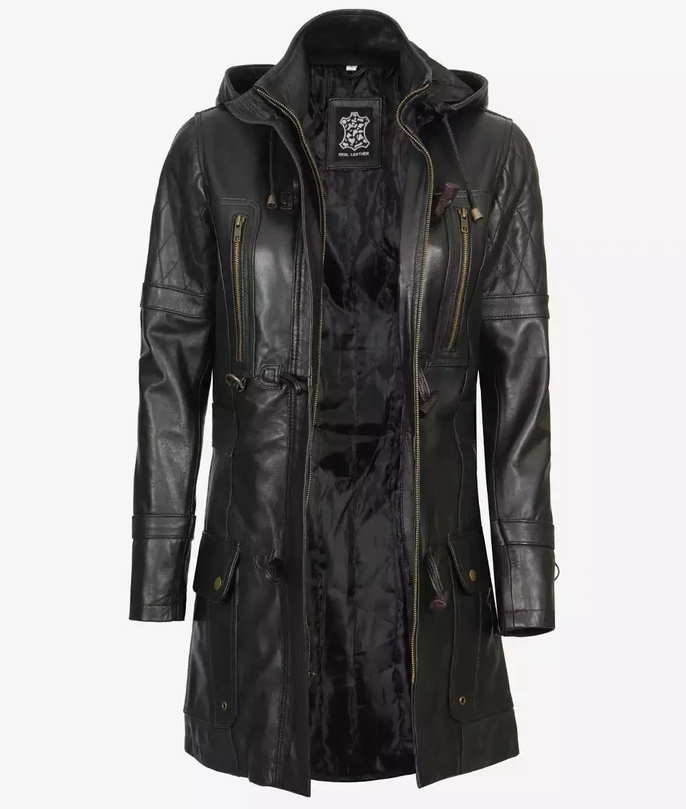 Women's Designer Hooded Style Black Real Sheepskin 3/4 Length Winter Trench Coat