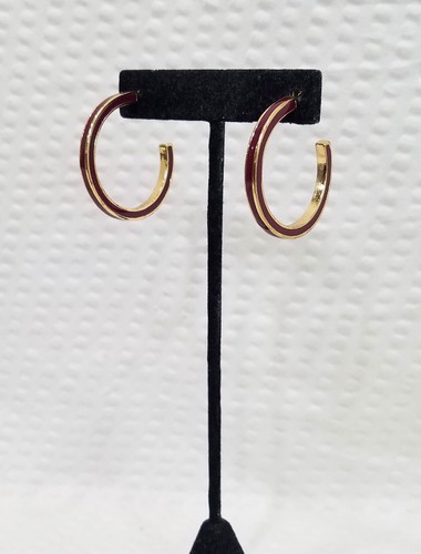 New! Inlaid Burgundy Enamel and Gold Tone Open Hoop Earrings for Pierced Ears - Picture 4 of 5