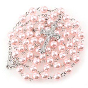 Imitation Pearl Pink Rosary Beads Girls First Holy Communion Gift Bag Rosaries