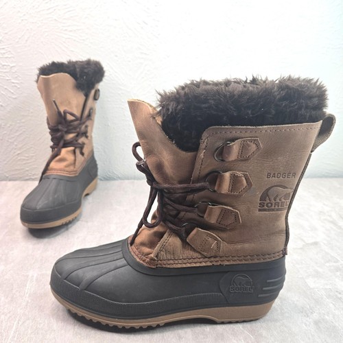 Sorel Badger Fur Lined Duck Boot Brown Outdoor Winter Snow Rubber Rain Booties