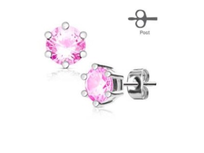 Damen 316L Edelstahl Paar 6 Krappen besetzt CZ versilbert mit 3mm rosa Stein