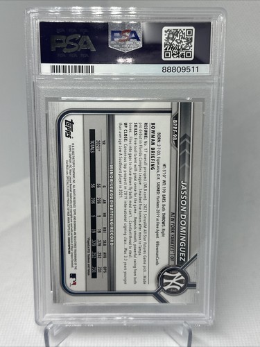 2022 Bowman 1. Auflage Jasson Dominguez Prospect gelbe Folie PSA 10 Yankees/75 - Bild 2 von 2