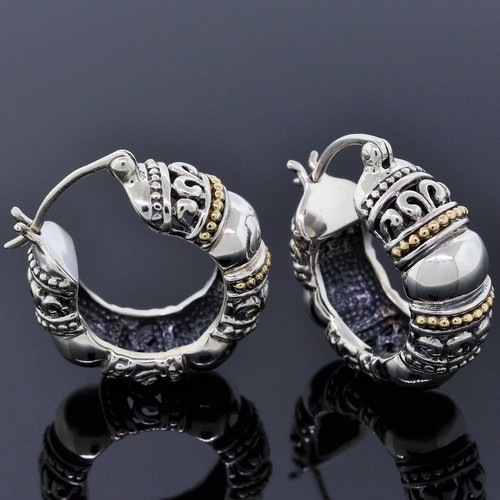 Designer Schmuck Sterling Silber/14K Gelbgold filigran Creolen Huggie Ohrring - Bild 2 von 3