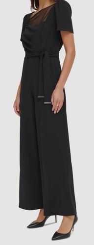 DKNY Women's Black Asymmetric Short-Sleeve Wide-Leg Jumpsuit Size 14 - Picture 2 of 3