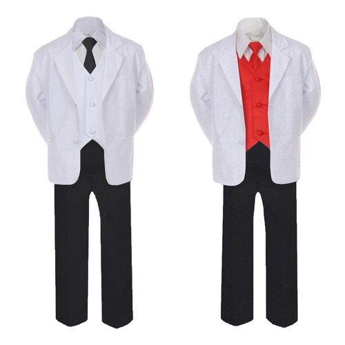 7pc Boys Teen Formal Wedding Black Pants White Suit Set Satin Necktie Vest 4T-20 - Picture 21 of 25