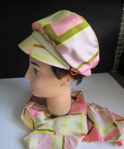 Vtg 60's MOD Newsboy Cap Pink Lilac Nylon TWIGGY Style Matching Scarf