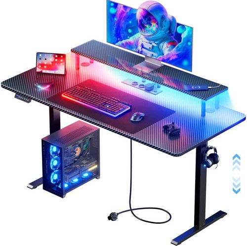 Gaming Tisch mit LED, Höhenverstellbarer Schreibtisch mit Steckdosen - Bild 17 von 30