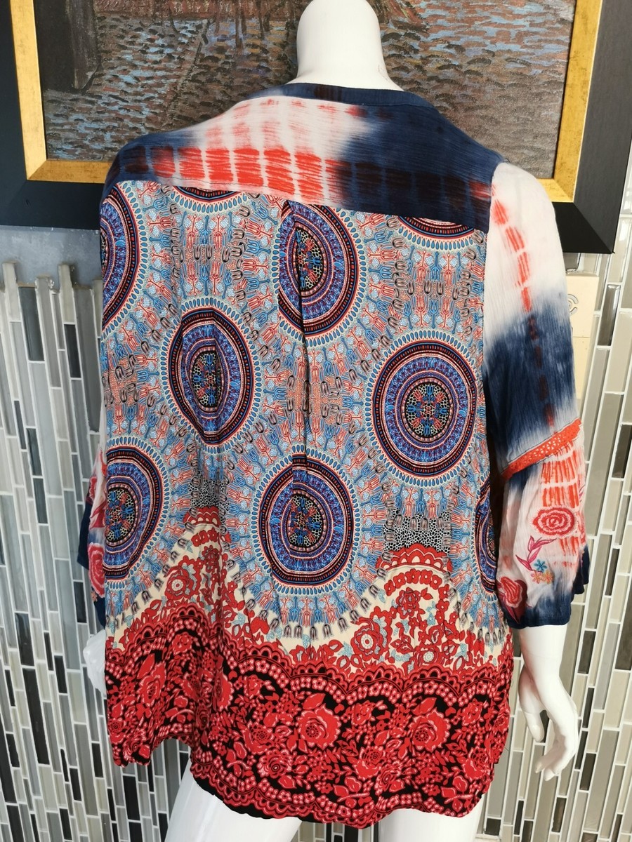 Caleooa Womens Red Blue Bell Sleeve V-Neck Embroidered Floral