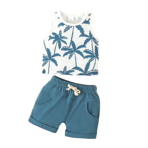 Baby Boys Vest And Shorts Vacation Outfit Set Beach Shirts Holiday Summer 2Pcs - Picture 3 of 25