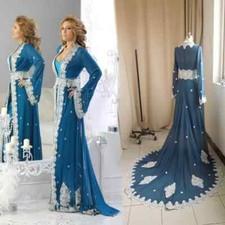 Arabic Kaftans Evening Dresses Blue Chiffon Long Sleeves Evening Prom Dress