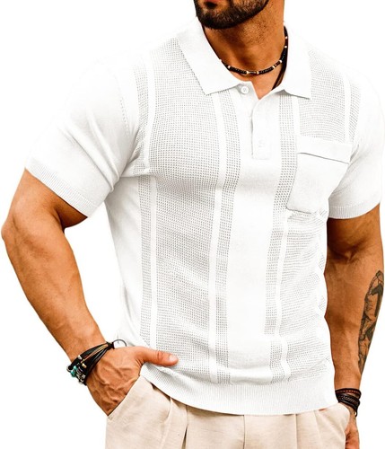 Men's Lightweight Knit Polo Shirt Short Sleeve Waffle Texture Casual Golf Top - Picture 16 of 36