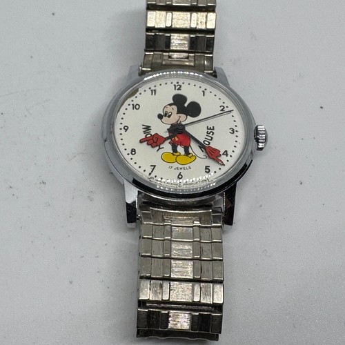 VTG Disney Mickey Hand Wind Mechanical Watch Men 17 Jewels Silver Stretch Band - Picture 2 of 6