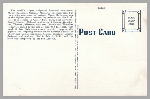 Mount Rushmore National Memorial Black Hills Dakota del Sur lino postal UNP - Imagen 2 de 2