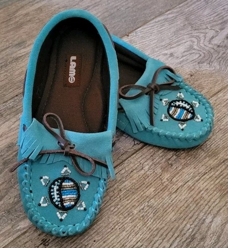 LAMO Turquoise Beaded Moccasins Shoes Native American Suede Slip On Fringe SZ 5 - Picture 5 of 12
