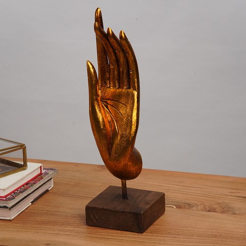 Escultura hecha a mano ecológica vintage de resina dorada y base de madera 16"x4,5"x4,5" - Imagen 5 de 7