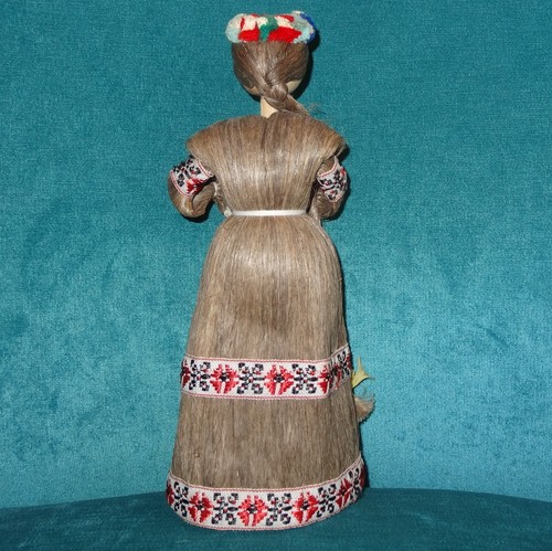 Vintage Russian Folk Art Wooden Doll With Flax Hair Traditional Dress & Braid - Picture 9 of 11
