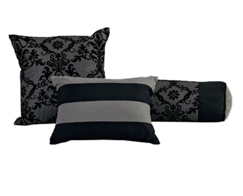 Queen Comforter Set 7 pcs Gray Black Luxury Flocked Lace RN 113119 Fancy Elegant - Picture 3 of 12
