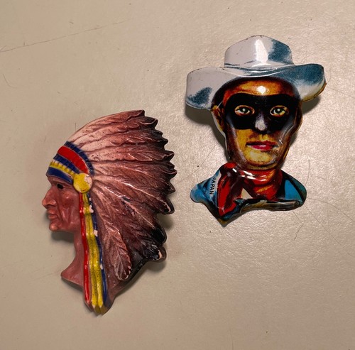 2 Vintage Pins - Pressed Tin Lone Ranger; Plastic Indian Chief Pinbacks Badges