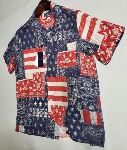 Men's Polo Ralph Lauren Classic Fit Patchwork US Flag Bandana Camp Shirt New - Picture 6 of 11