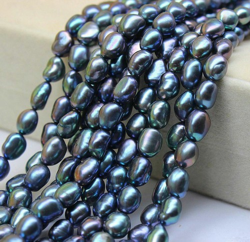 Real 9-10mm Natural Peacock Black Oval Freshwater Pearl Loose Beads Strand 15" - Picture 3 of 9