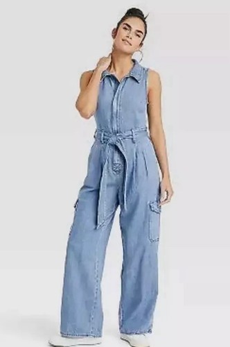 Neu mit Etikett Universal Thread Denim Cargo-Overall für Damen – mittlere Waschung Größe 10