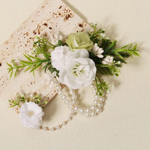 Rose Flower Wrist Corsage Bracelets - Prom Wedding Handmade Pearl White Corsage - Picture 4 of 7