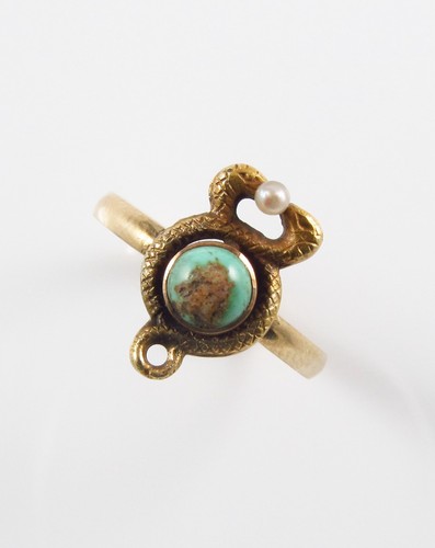 Ring 10 Karat Gold viktorianisch Jugendstil gedrehte Schlangen Perle & Türkis Größe 4,5 - Bild 3 von 12