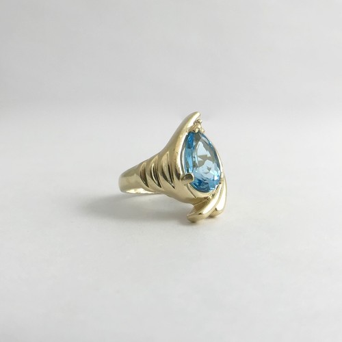 Vintage Pear Blue Topaz Diamond Cocktail Ring 14K Yellow Gold, 5.55 CTW, 6.42 Gr - Picture 7 of 12