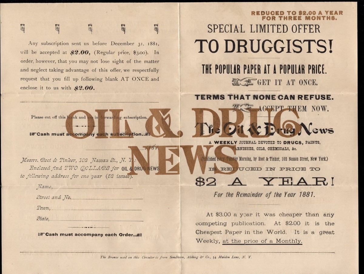QUACK MEDICINE NEWSPAPER Oil &amp; Drug News Weekly Insert &amp; 1881 New 