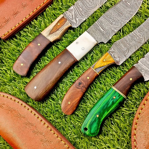 4 Pcs Damascus Blade Skinner Knives Set | 8"| Wood Handle, Leather Sheath IT-338 - Picture 5 of 7