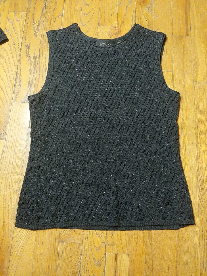 DANA BUCHMAN Black Sequin Beaded Wool Tank Set Dressy Womans Size Large  - Imagem 4 de 4