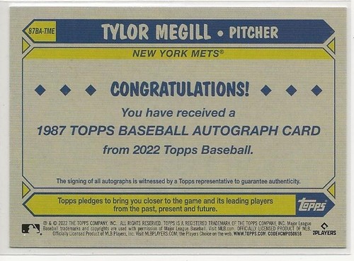 TYLOR MEGILL 2022 Topps Series 2 1987 On-Card AUTOGRAPH ROOKIE New York Mets - Picture 2 of 2