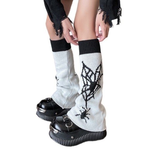 Two Sided Wear Long Tube Leg Covers with Cats Print Punk Knitted Leg Warmers - Picture 6 of 12