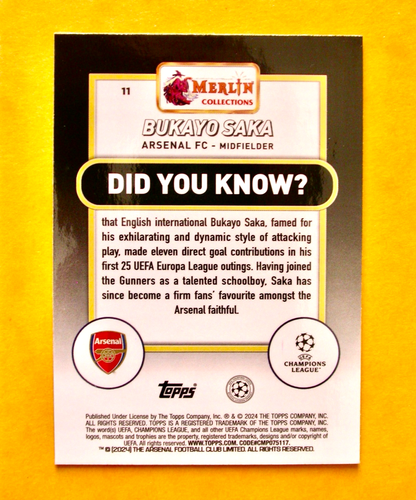 11 BUKAYO SAKA / ARSENAL FC / UEFA CHAMPIONS LEAGUE 2024 / MERLIN-TOPPS - Imagen 2 de 2