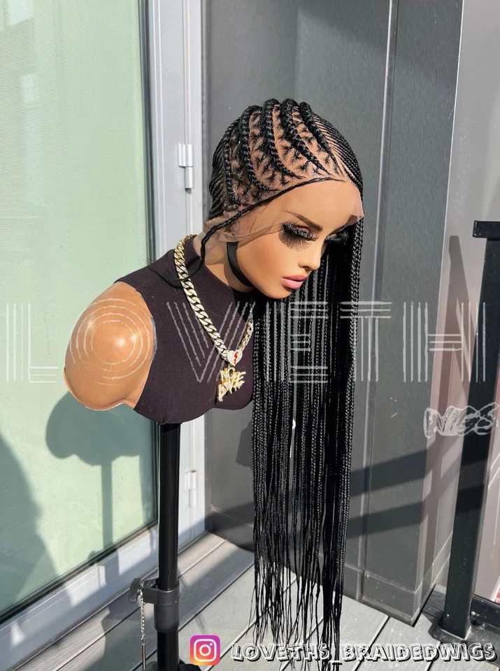 Se envía al día siguiente (ENVÍO 2 DÍAS) Peluca trenzada de encaje completo Cornrow, trenza negra sin nudos Foto 3 de 4
