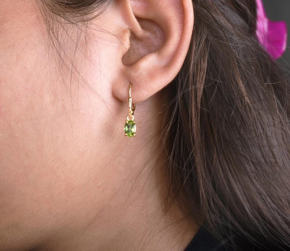 2Ct Oval Cut Lab Created Peridot Leverback Earrings In 14K Yellow Gold Plated - Image 2 of 4