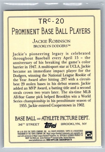 2020 Topps Chrome Prominent Baseball Players Jackie Robinson #TRC-20 - Picture 2 of 2
