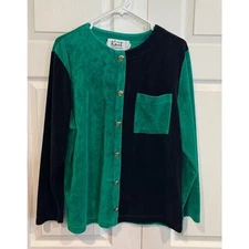 Vintage Knit Connection Velvet Colorblock Top Blouse Green Black Button  Glam