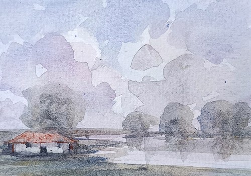 original watercolor painting ACEO rural barn house River sky Village trees SIBY - Picture 2 of 3