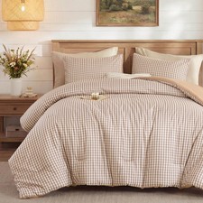 Gingham Comforter Set Queen, 3 Pieces Tan Plaid Comforter Set