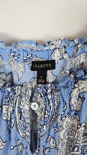 TALBOTS Size Large Blue Paisley Print Poet Sleeves Keyhole Neck Peasant Blouse - Picture 2 of 7
