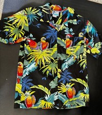 RJC Boys Hawaiian Shirt Sz 14 Youth Hawaii Floral Black Parrot Made in USA
