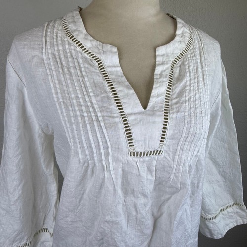 Lauren Ralph Lauren White Embroidered Cutout Pleated Notched Neckline Linen Top - Picture 3 of 7