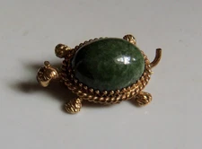 12K Gold-filled Signed Winard Figural Turtle PIN Nephrite Jade Cabochon Shell