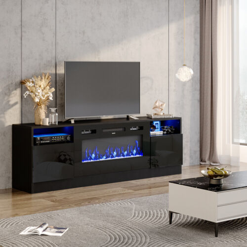 178cm 70in Modern TV Stand Cabinet Unit w/ 36in Electric Fire w/LED Lights Black - Picture 4 of 17