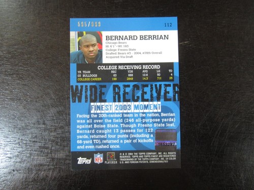 2004 Finest # 112 Bernard Berrian Autograph Signed Card (CR) Bears  # 595/999 - Bild 2 von 2