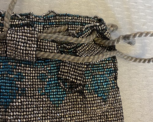 20s Antique Cut Steel Beaded Flapper Purse Drawstring Silver Turquoise Design - Picture 6 of 17