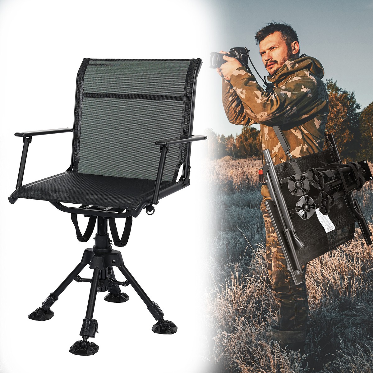 Foldable 360 Swivel Hunting Chair Folding Blind Chair Seat w Armrests Camping