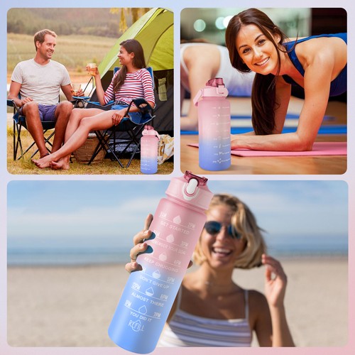 3PCS Sports Water Bottle Time Marker with Straw Large Gym`Travel Drinking Bottle - Picture 28 of 35