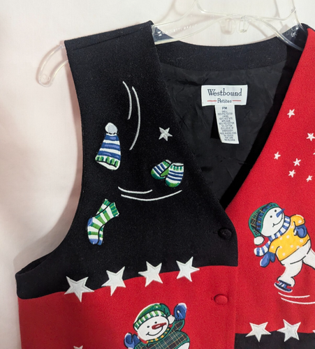 Vtg WESTBOUND Black Red Embroidered Snowman Holiday Vest Size PM Medium C1 - Picture 2 of 7